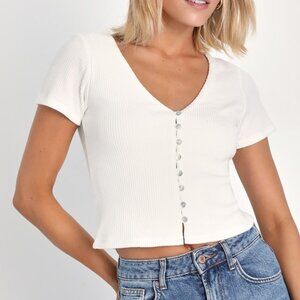Lulus My Everyday Best Ivory Ribbed Short Sleeve Button-front Top White - Size M